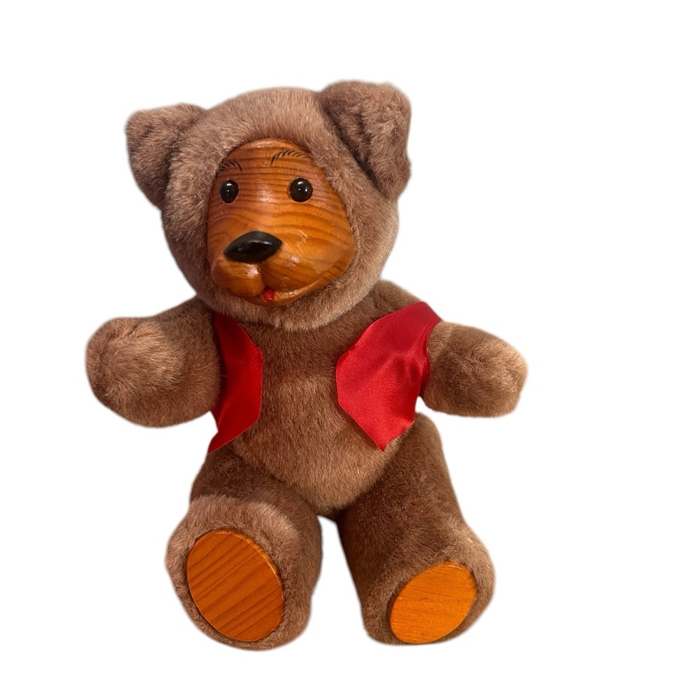 Vintage FTD Collector Series Wood Face Teddy Bear 10" Plush Jointed Brown